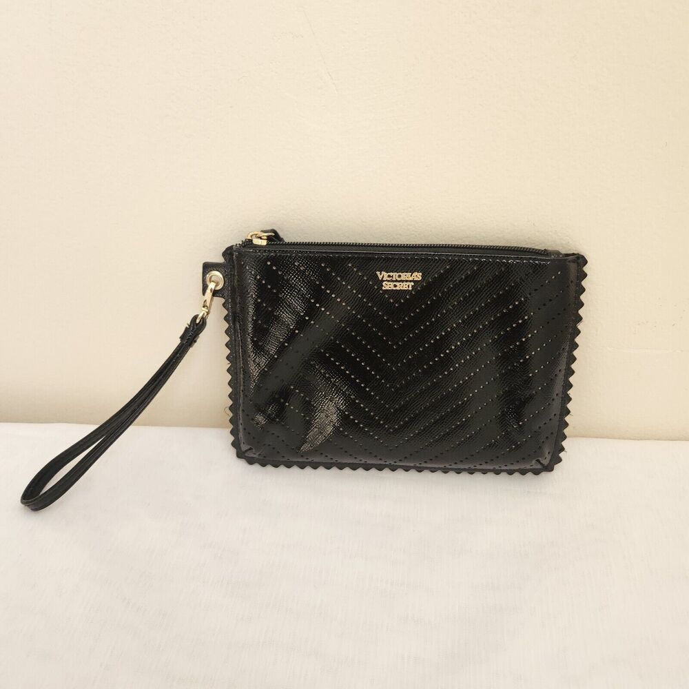 Victoria Secret Wristlet Clutch Black Faux Leather Perforated Scalloped Edge Zip